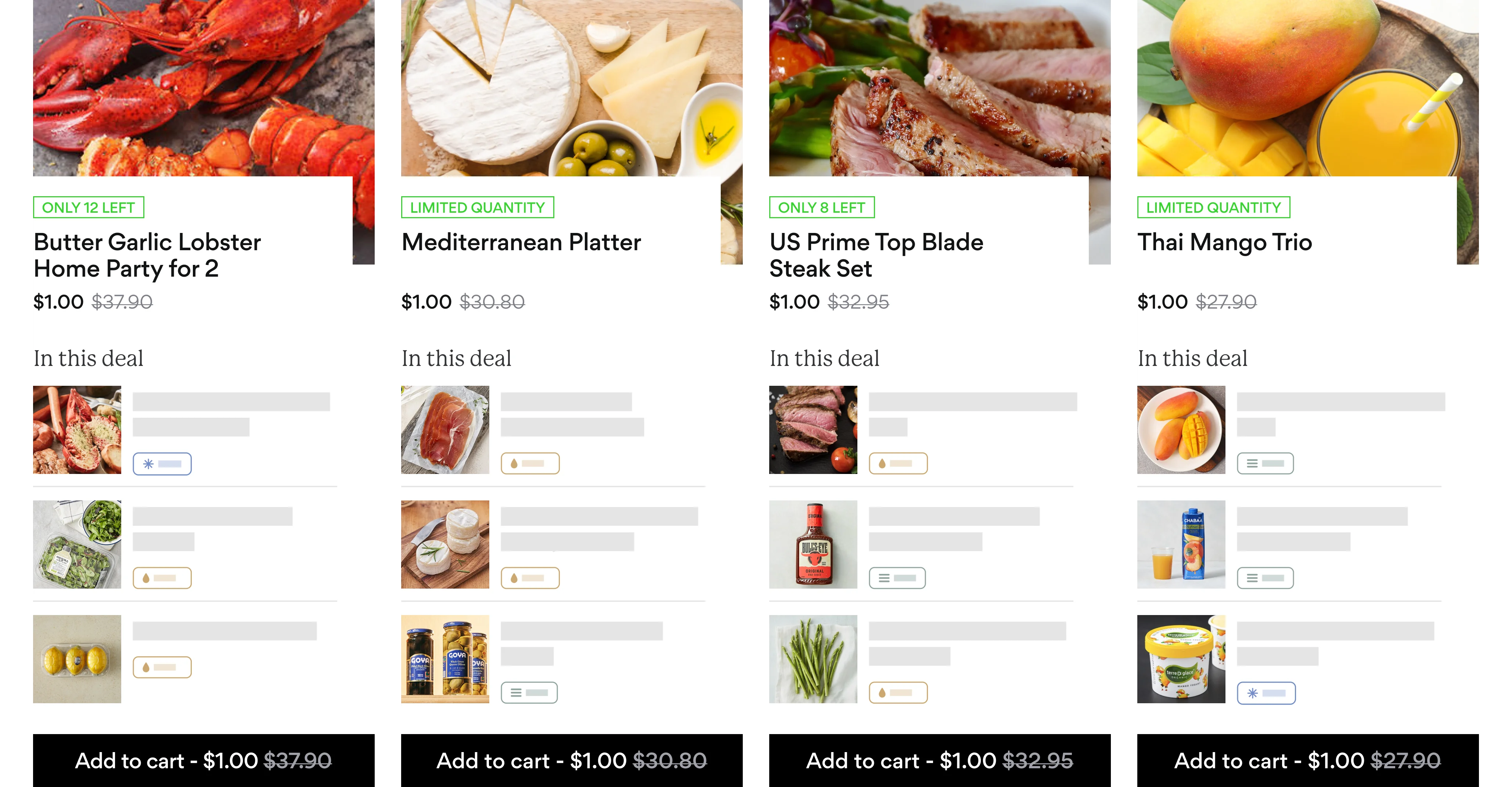 Butter Garlic Lobster Home Party for 2 - $1.00, Mediterranean Platter - $1.00, US Prime Top Blade Steak Set - $1.00